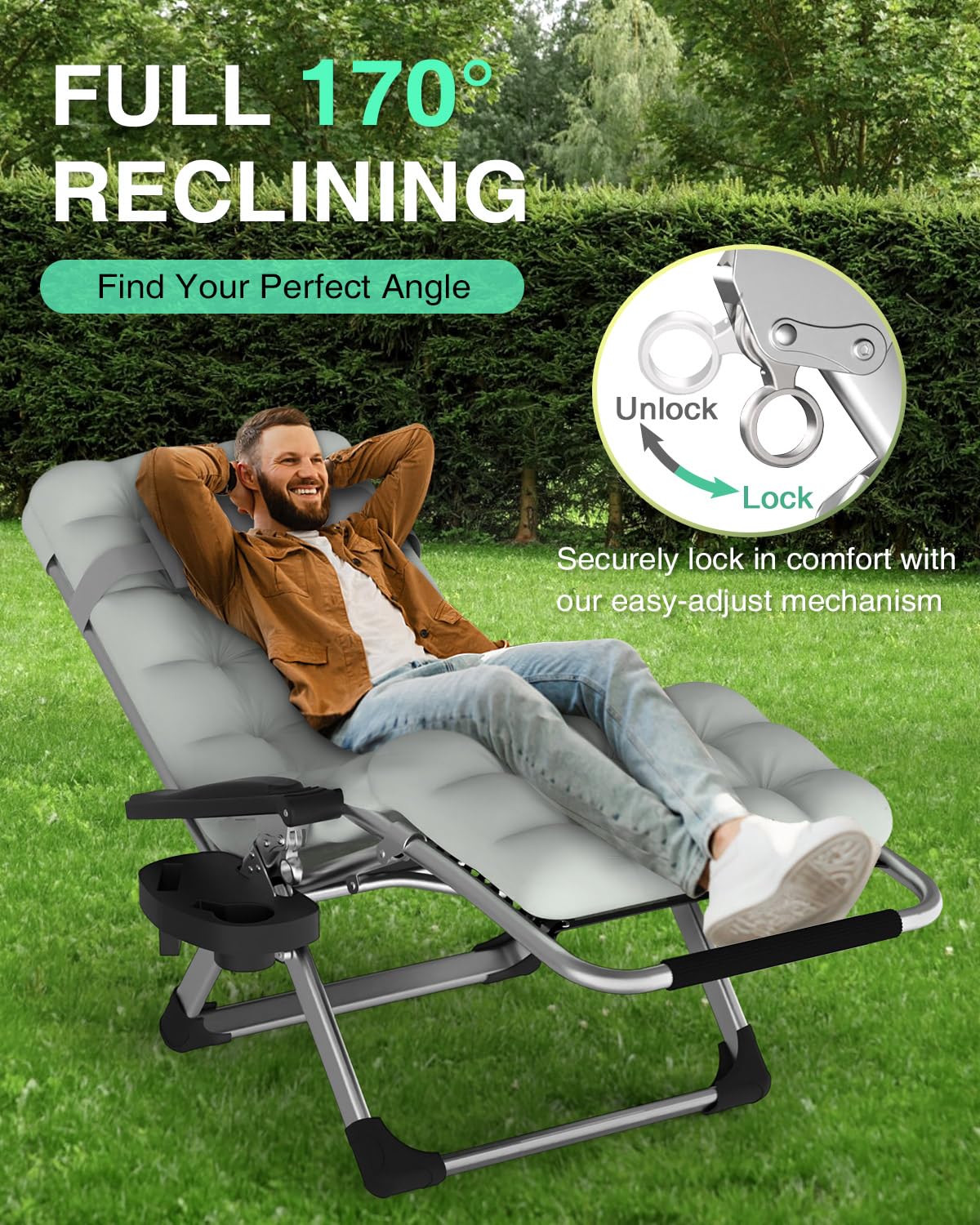 ZENPETIO Zero Gravity Lounge Chair, Outdoor Recliner Chair w/Detachable Cushion Cup Holder and Pillow, Portable Folding Anti Gravity Reclining Chair for Outdoor Camping Patio Lawn Pool, Gray