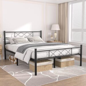 VECELO Full Size Bed Frame with Headboard, Heavy-Duty Platform/Mattress Foundation with Metal Slats Support, No Box Spring Needed/Easy Assembly, Matte Black