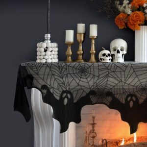 OurWarm Halloween Decorations Ghost Spiderweb, Black Lace Spider Web Halloween Fireplace Cover, Cobweb Halloween Mantle Scarf for Halloween Mantel Decor Halloween Party Supplies 21 x 79 Inches