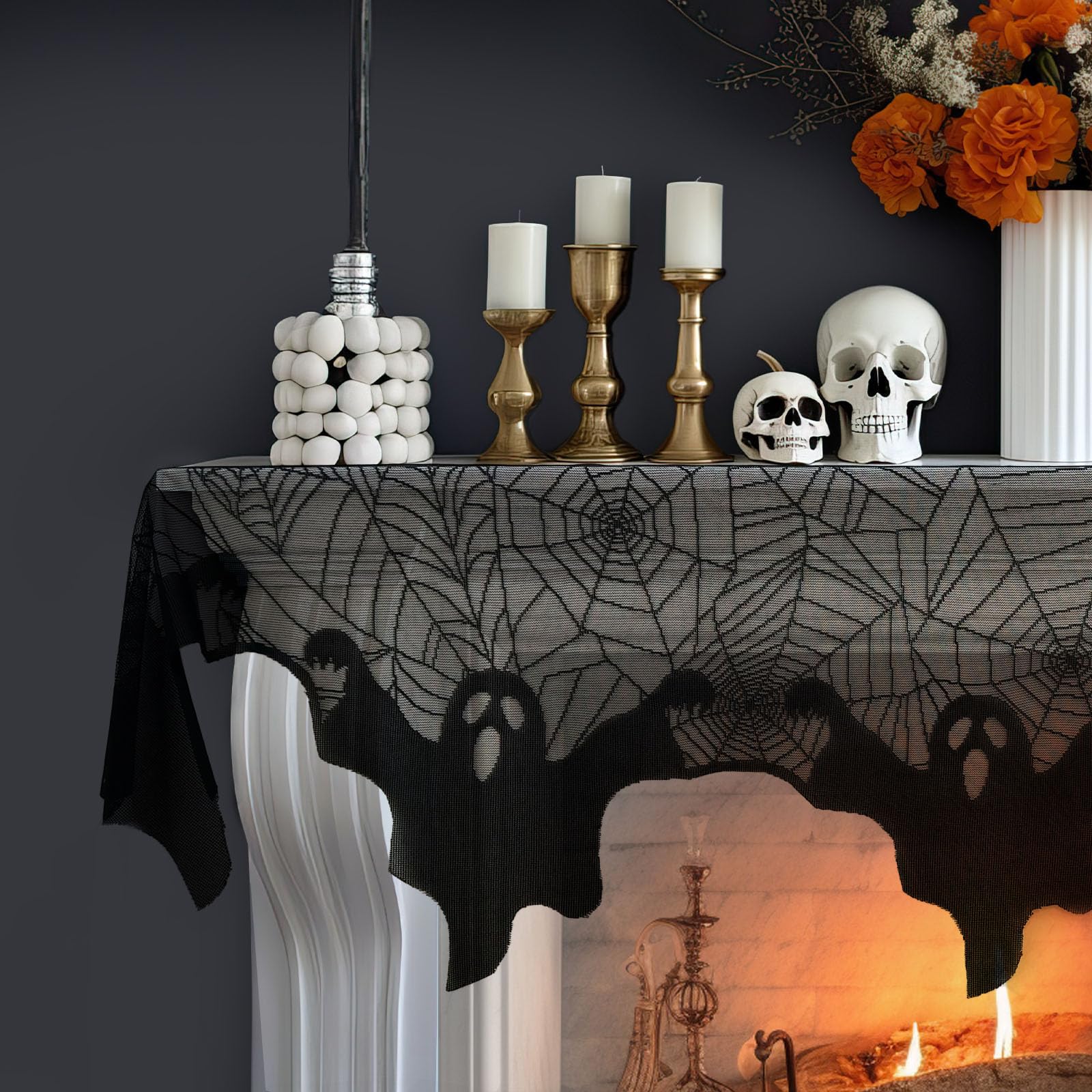 OurWarm Halloween Decorations Ghost Spiderweb, Black Lace Spider Web Halloween Fireplace Cover, Cobweb Halloween Mantle Scarf for Halloween Mantel Decor Halloween Party Supplies 21 x 79 Inches