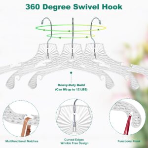 Quality Hangers 24 Pack Clear Plastic Hangers with Super Easy 360 Degree Swivel Hook – Shirt Hangers with Precision Notches for Secure Hanging – Slim Crystal Coat Hangers – 17 Inches (24, 17")