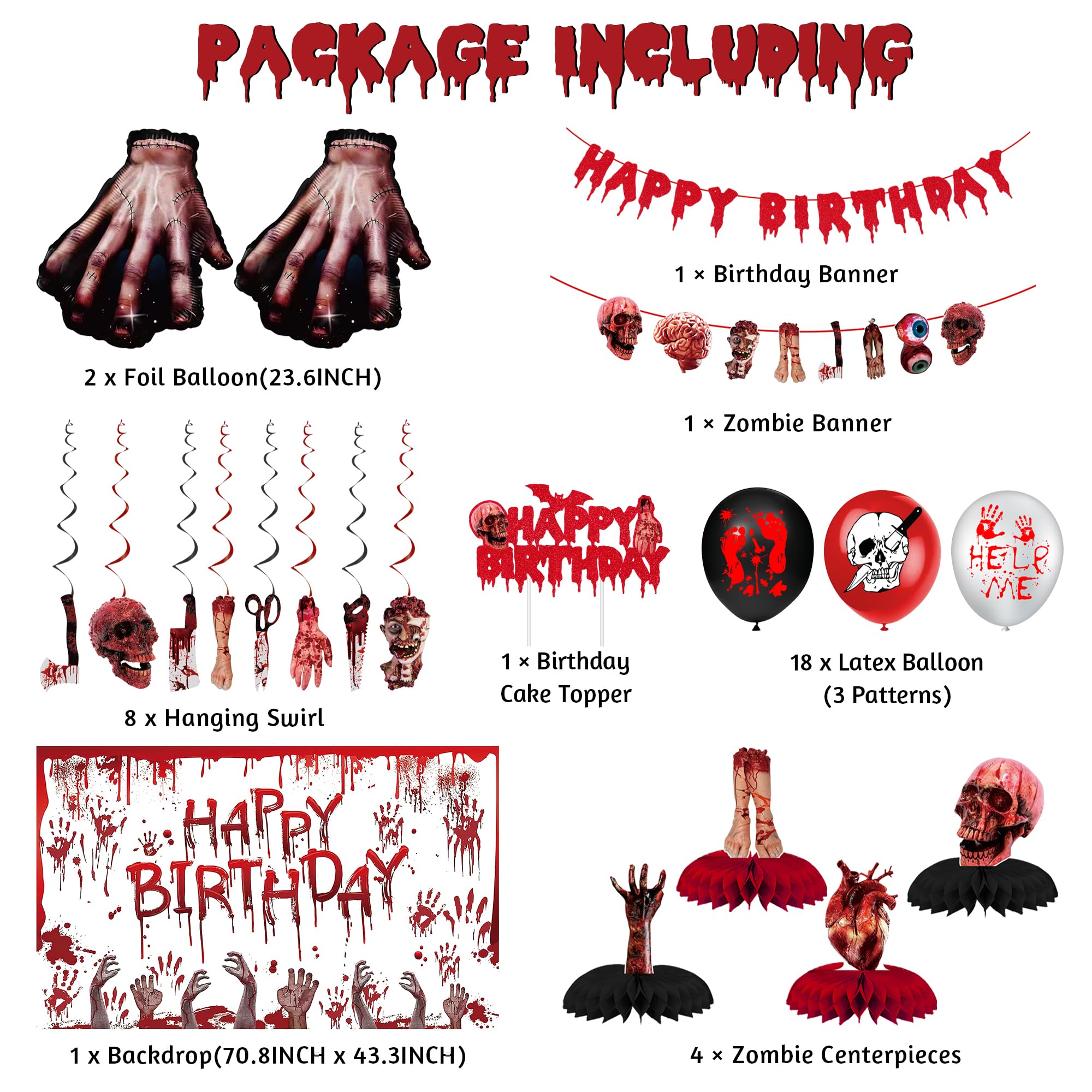 DARUNAXY Halloween Birthday Party Decorations, Red Halloween Happy Birthday Banner, Scary Handprint Balloons & Cake Topper, Horror Fake Broken Hands Dismember Honeycomb Hanging Swirl Balloons(36PC)