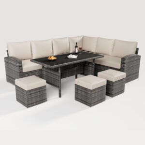 gaomon 7 piece outdoor sectional sofa with dining table, outdoor sectional dining table set, outdoor furniture with wicker rattan dining table with ottoman, beige