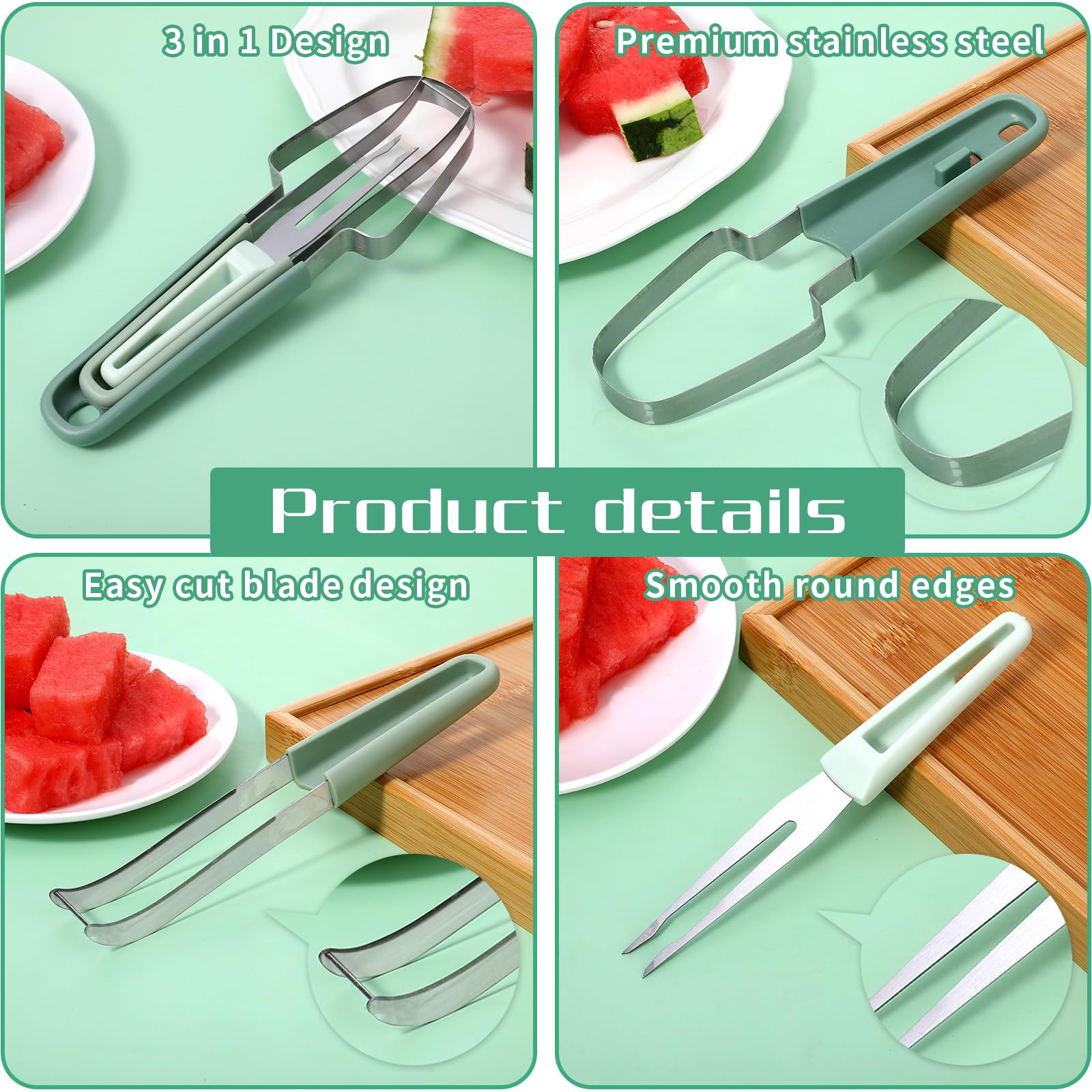 Andibro 3-in-1 Watermelon Fork Slicer Cutter, Stainless Steel Watermelon Popsicle Cutter Metal Melon Cutter Knife Portability Watermelon Cutter Slicer Tool for Camping Kitchen Gadgets(green)