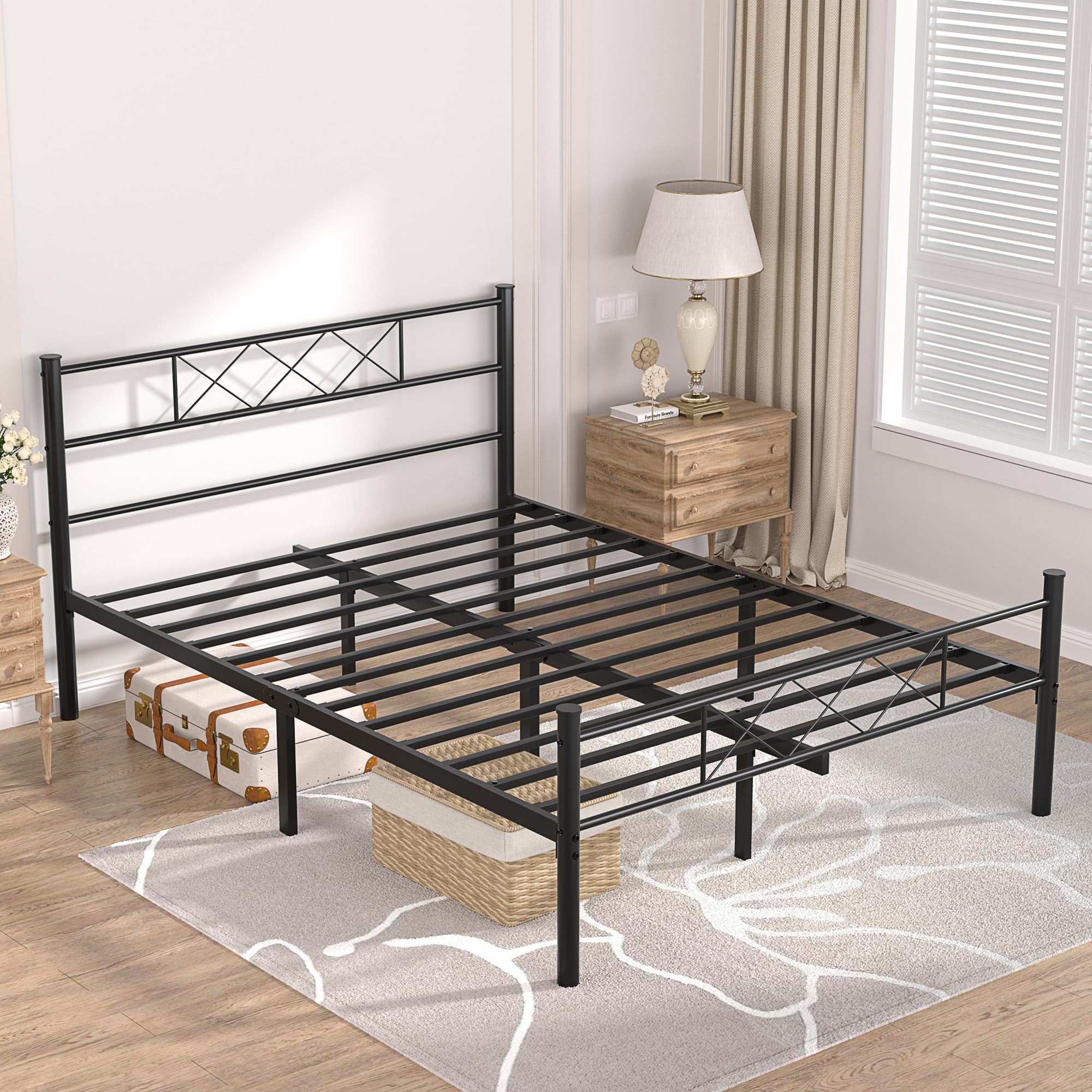 VECELO Full Size Bed Frame with Headboard, Heavy-Duty Platform/Mattress Foundation with Metal Slats Support, No Box Spring Needed/Easy Assembly, Matte Black