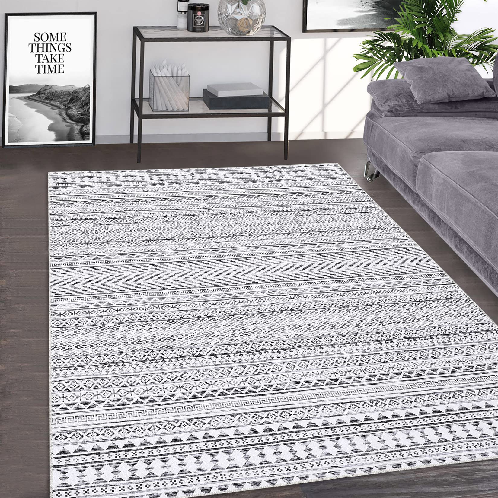 GarveeHome Washable Rug 5x7 Large Bedroom Rug Foldable Bohemian Rug Indoor Non Slip Low Pile Boho Rug Geometric Floor Cover Moroccan Rug Accent Rug Carpet for Living Room Home Office, Grey