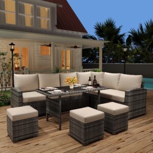 GAOMON 7 Piece Outdoor Sectional Sofa with Dining Table, Outdoor Sectional Dining Table Set, Outdoor Furniture with Wicker Rattan Dining Table with Ottoman, Beige