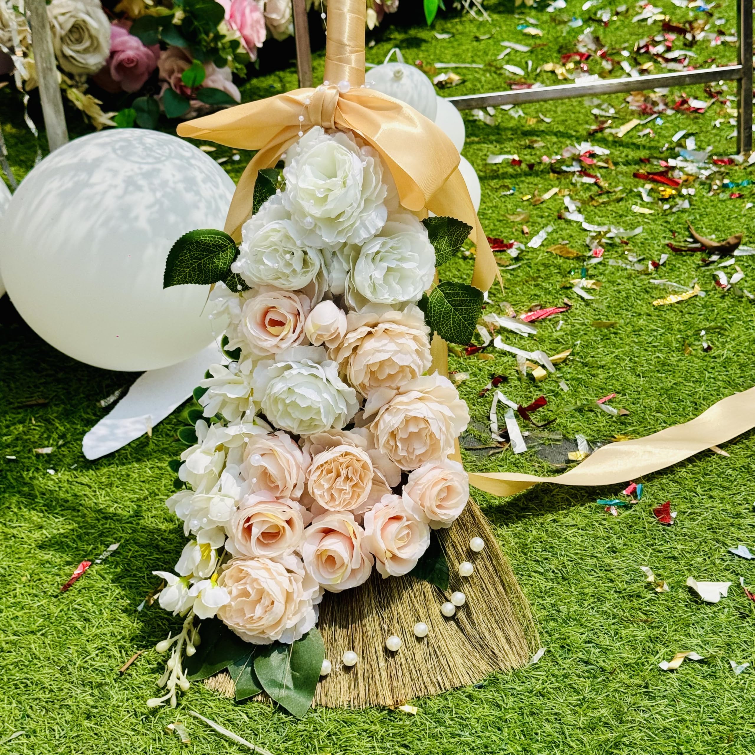 TTS For Home - Wedding Brooms Bride Bridegroom, Jumping The Broom for Wedding, Natural Whisk Broom with Ribbons, Artificial Pearl, Leaves,Roses for Decorative Wedding