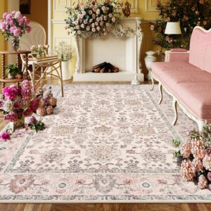 lahome pink floral 8x10 rug non slip, washable large rugs for living room ultra-thin boho rugs for bedroom, vintage floral print carpet rug for dining room nursery room dorm classroom (pink, 8' x 10')