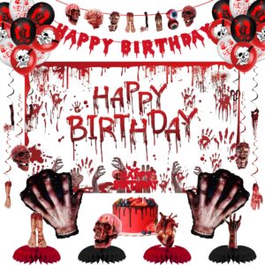 darunaxy halloween birthday party decorations, red halloween happy birthday banner, scary handprint balloons & cake topper, horror fake broken hands dismember honeycomb hanging swirl balloons(36pc)