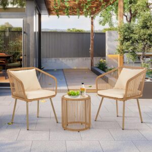 3 Piece Patio Furniture Set with Cushions Lumbar Pillows Outdoor PE Rattan Bistro Furniture Set Patio Rattan Conversation Set Glass Coffee Table Top and 2 Chairs for Patio Garden Porch , White