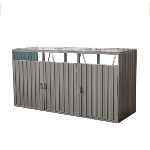 Jintop 94.48" Metal Garbage Bin Shed Stores with Ventilated and Lockable,Patio Furniture 3 Trash Cans Outdoor Sheds w/Rust-Proof & Scratch- Resistant,for Garden Yard Lawn,Grey