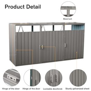 Jintop 94.48" Metal Garbage Bin Shed Stores with Ventilated and Lockable,Patio Furniture 3 Trash Cans Outdoor Sheds w/Rust-Proof & Scratch- Resistant,for Garden Yard Lawn,Grey