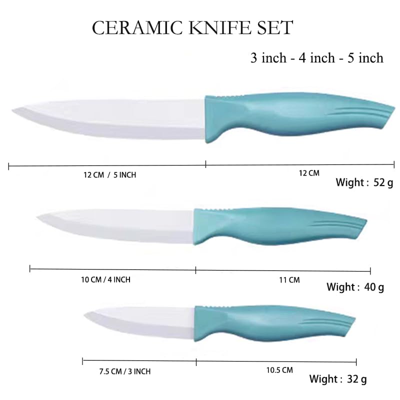 Zhiyun 3-Pieces Blue Ceramic Knife Set, 5-Inch Vegetable Knife 4-Inch Fruit Knife 3-Inch Peeling Knife,Suitable for Beef Chicken Vegetable Fruit Butter and Bread (Blue)