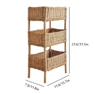 WKSPOO 3-Tier Rattan Storage Rack, Hand-Woven Storage Rack, Vertical Tiered Basket for Living Room, Bedroom, Kitchen, Bathroom(Brown,11.8X7.9X23.6in)