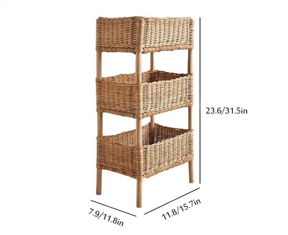 WKSPOO 3-Tier Rattan Storage Rack, Hand-Woven Storage Rack, Vertical Tiered Basket for Living Room, Bedroom, Kitchen, Bathroom(Brown,11.8X7.9X23.6in)