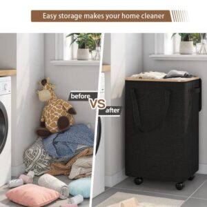 Large Laundry Basket with Wheels,100L Tall Laundry Hamper with Lid and Removable Liner Bag,Collapsible Dirty Clothes Hamper for Bathroom,Bedroom,Dorm & Laundry Room,Black