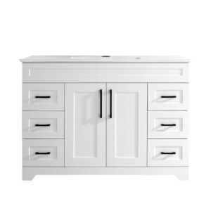 bupwhek 48” luxurious bathroom vanity with ceramic sink combo, white bathroom cabinet with 2 soft closing doors & 6 full extension drawers, modern bathroom storage cabinet