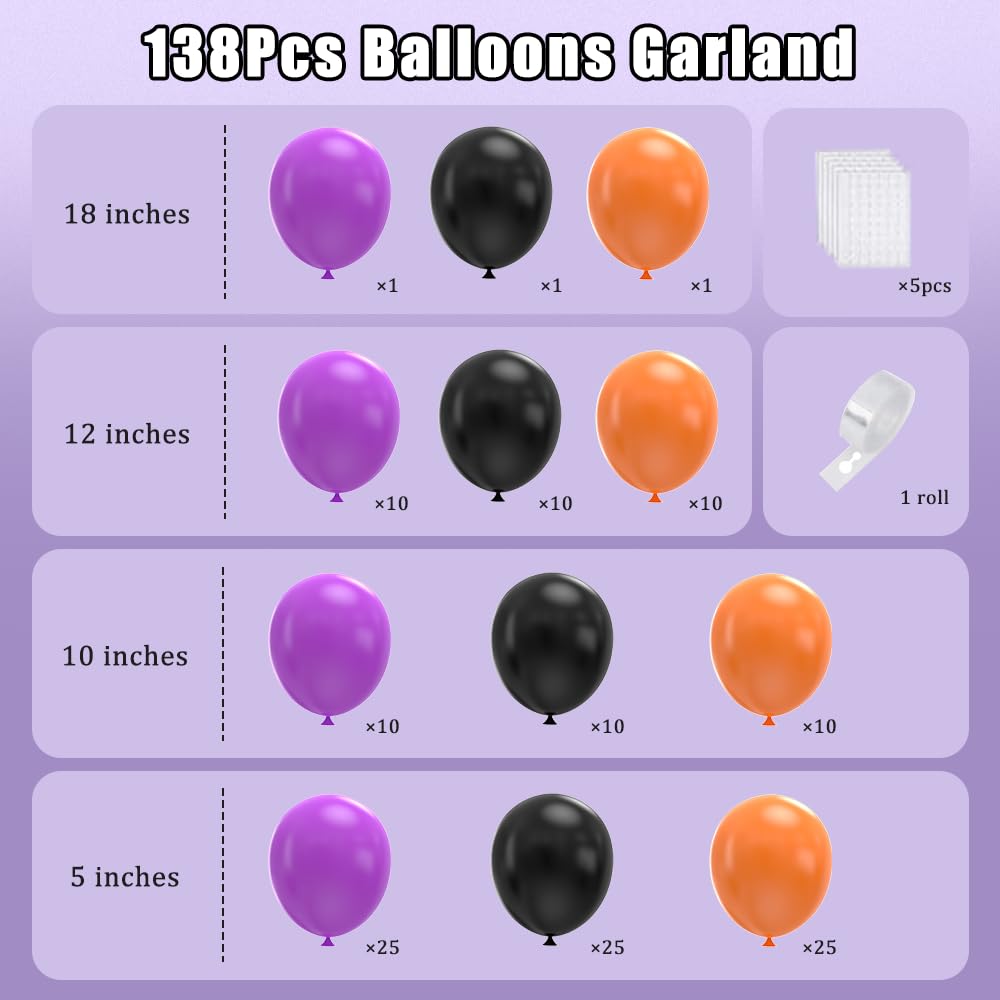 Myafqsj Halloween Balloons Black and Orange Balloons Arch Kit, 138 Pcs Matte Black Purple Orange Latex Balloons Garland for Halloween Anniversary Graduation Festival