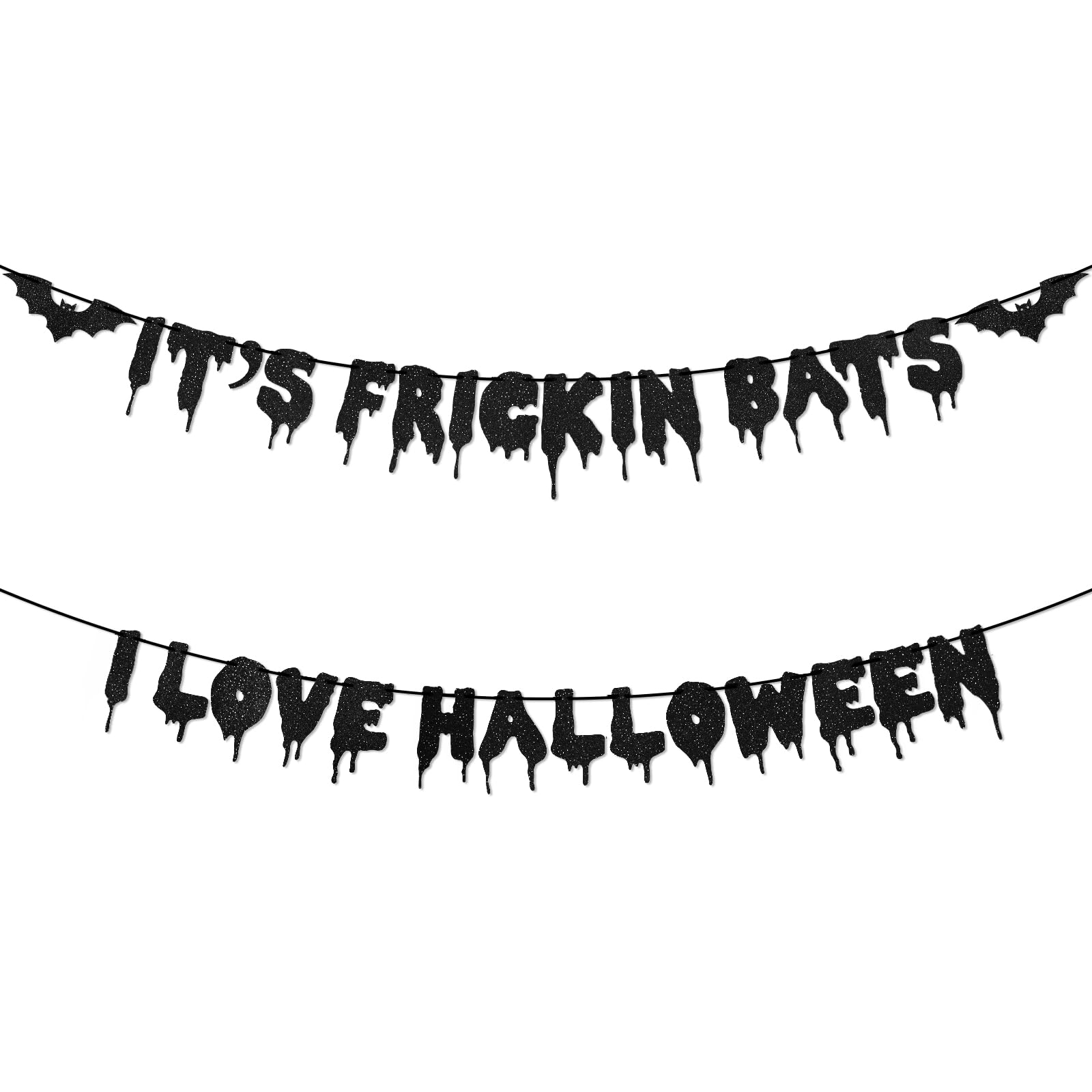 Black Glitter It's Frickin Bats I Love Halloween Banner - Hanging Paper Garland Bunting Banner Bloody Bat-Themed Decorations, Photo Backdrop for Wall Home Mantle Office Wall Spooky Party Supplies