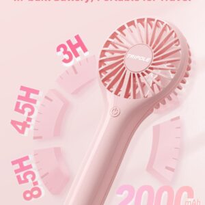 TriPole Portable Fan Handheld Fan Mini Personal Fan 3 Speeds, Powerful Little Battery Hand Held Fan for Travel Trip Outdoor Concerts, Cute Small Rechargeable Lash Fan for Makeup Skincare Drying, Pink