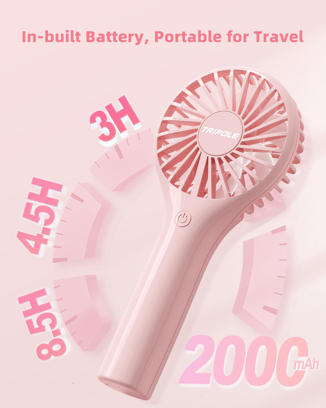 TriPole Portable Fan Handheld Fan Mini Personal Fan 3 Speeds, Powerful Little Battery Hand Held Fan for Travel Trip Outdoor Concerts, Cute Small Rechargeable Lash Fan for Makeup Skincare Drying, Pink