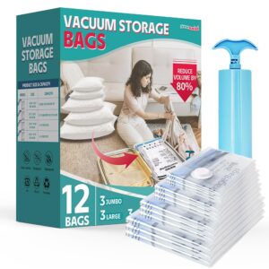 12 pack vacuum storage bags, vacuum seal bags for clothing, comforters, blankets, space saver vacuum storage bags with hand pump. (3×jumbo, 3×large, 3×medium, 3×small)