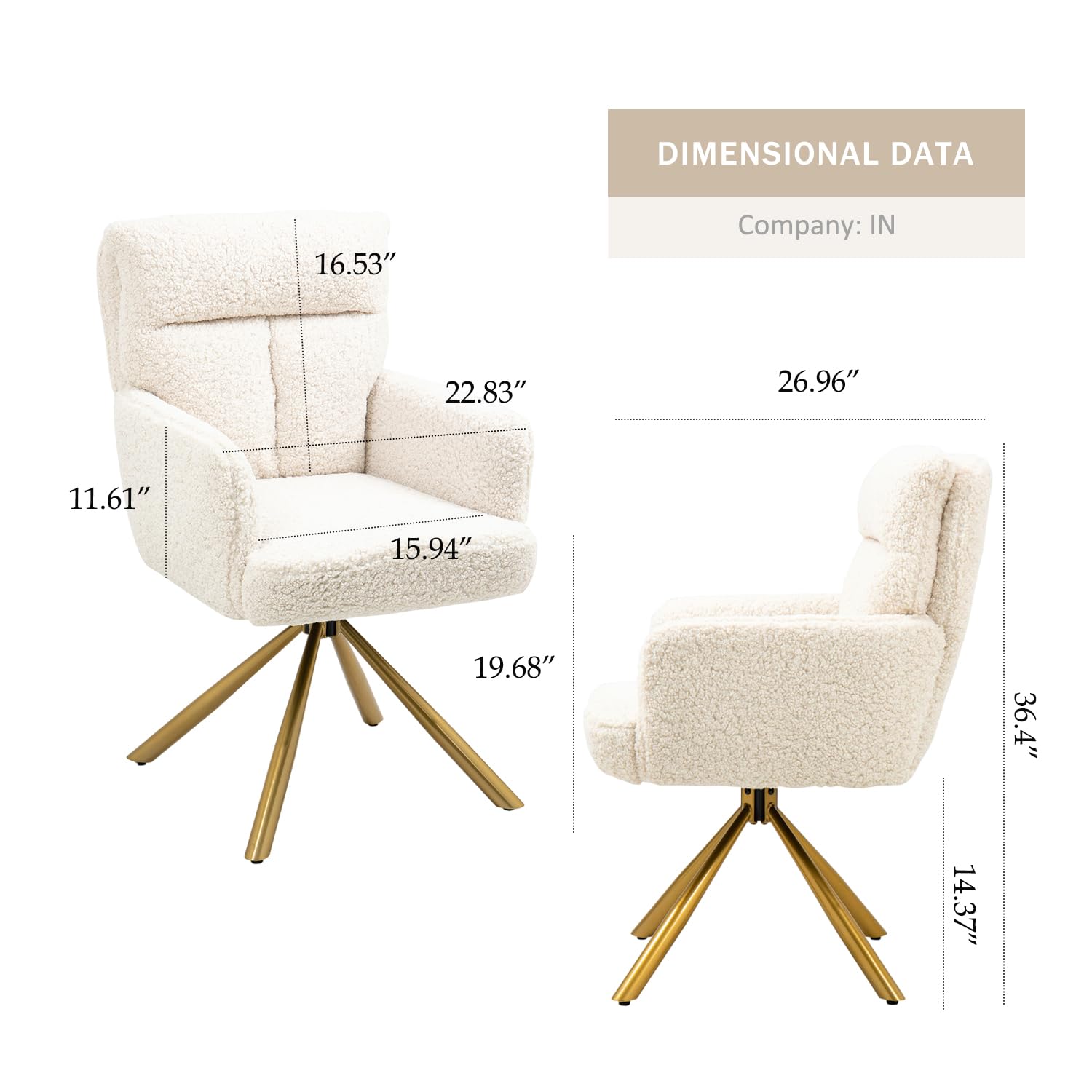 Ugijei Teddy Office Desk Chair No Wheels, Modern Vanity Chair with Gold Legs, Wide Seat Computer Task Chair for Home Office (Beige)