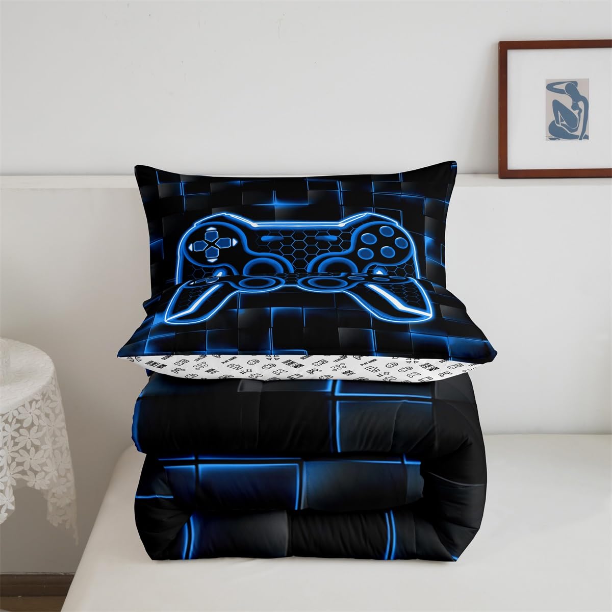 Feelyou Kids Gamer Comforter Set Twin Size Blue and Black Bedding Set for Boys Teens Decor Honeycomb Gaming Ombre Comforter Geometric Square Duvet Set 2Pcs