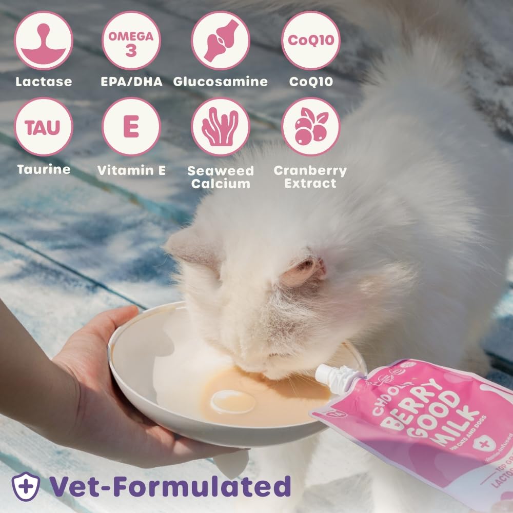 Choolip Berry Good Pet Milk. 10pk Vitamin-Infused Cat Milk, Dog, Kitten, Puppy Milk. Dog Bladder Support, Cat Kidney Support, Cat Urinary Supplement Cranberry, Omega 3, CoQ10, Glucosamine, Taurine