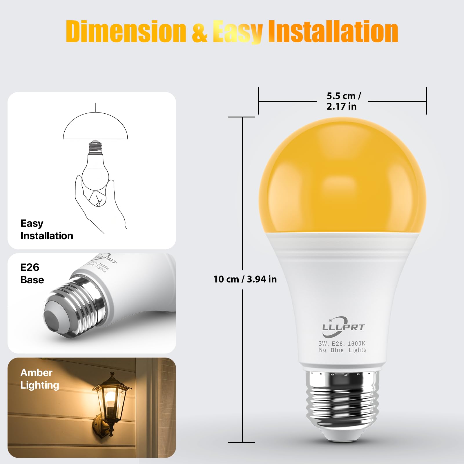 3W LED Amber Light Bulbs, 1600K Warm White 180LM Night Light, Blue Light Blocking, Energy Saving, 30W Replacement, Sleep Aid E26 Base Light Bulb for Bedroom, Baby Nursery Room, Non-Dimmable