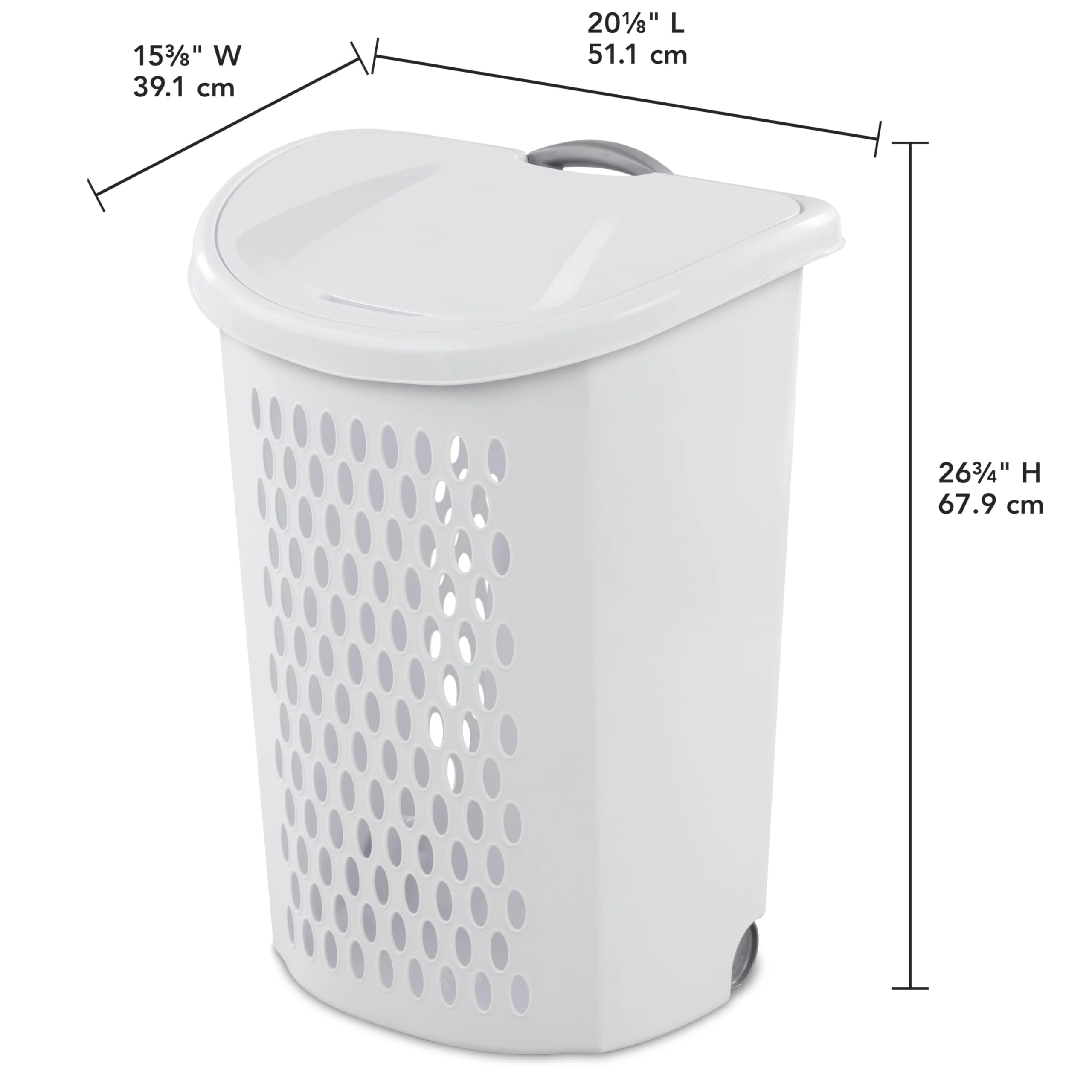 BHCHA Ultra Wheeled Design Clothes Laundry Basket, 135 Liter （20 1/8" x 15 3/8" x 26 3/4"）Capacity, Laundry Hamper White Lid & Base w/Plastic Handle & Wheels,1-Pack