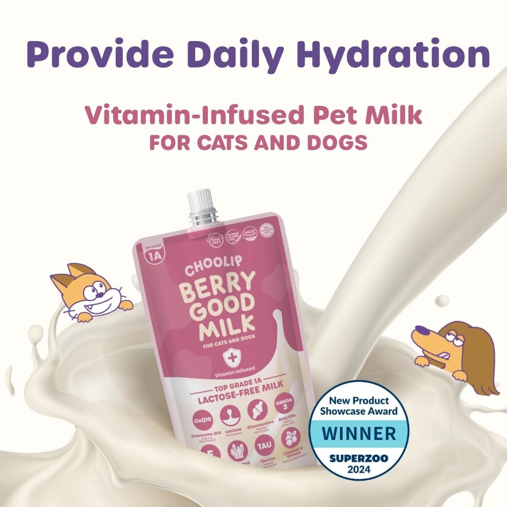 Choolip Berry Good Pet Milk. 10pk Vitamin-Infused Cat Milk, Dog, Kitten, Puppy Milk. Dog Bladder Support, Cat Kidney Support, Cat Urinary Supplement Cranberry, Omega 3, CoQ10, Glucosamine, Taurine