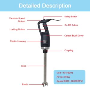 BNDHKR Electric Immersion Blender 22 Inch 750 Watt Commercial Handheld Blenders With Detachable Shaft for Shakes Soups Smoothies Puree