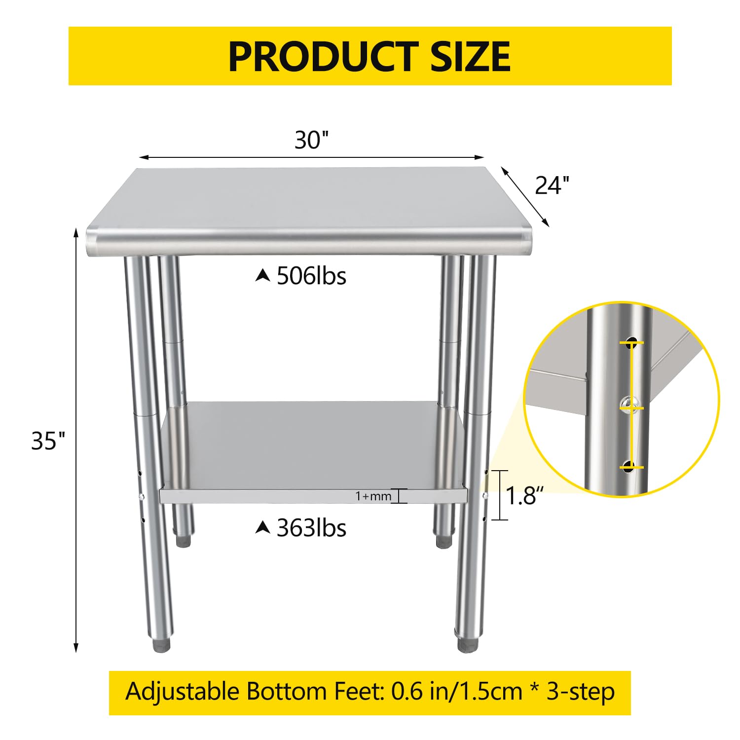 Stainless Steel Table for Prep & Work 24 x 30 Inches, Commercial Workstations Metal Kitchen Prep Table with Adjustable Undershelf for Restaurant, Home and Hotel