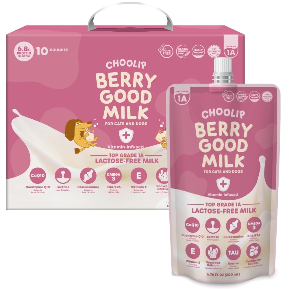 Choolip Berry Good Pet Milk. 10pk Vitamin-Infused Cat Milk, Dog, Kitten, Puppy Milk. Dog Bladder Support, Cat Kidney Support, Cat Urinary Supplement Cranberry, Omega 3, CoQ10, Glucosamine, Taurine