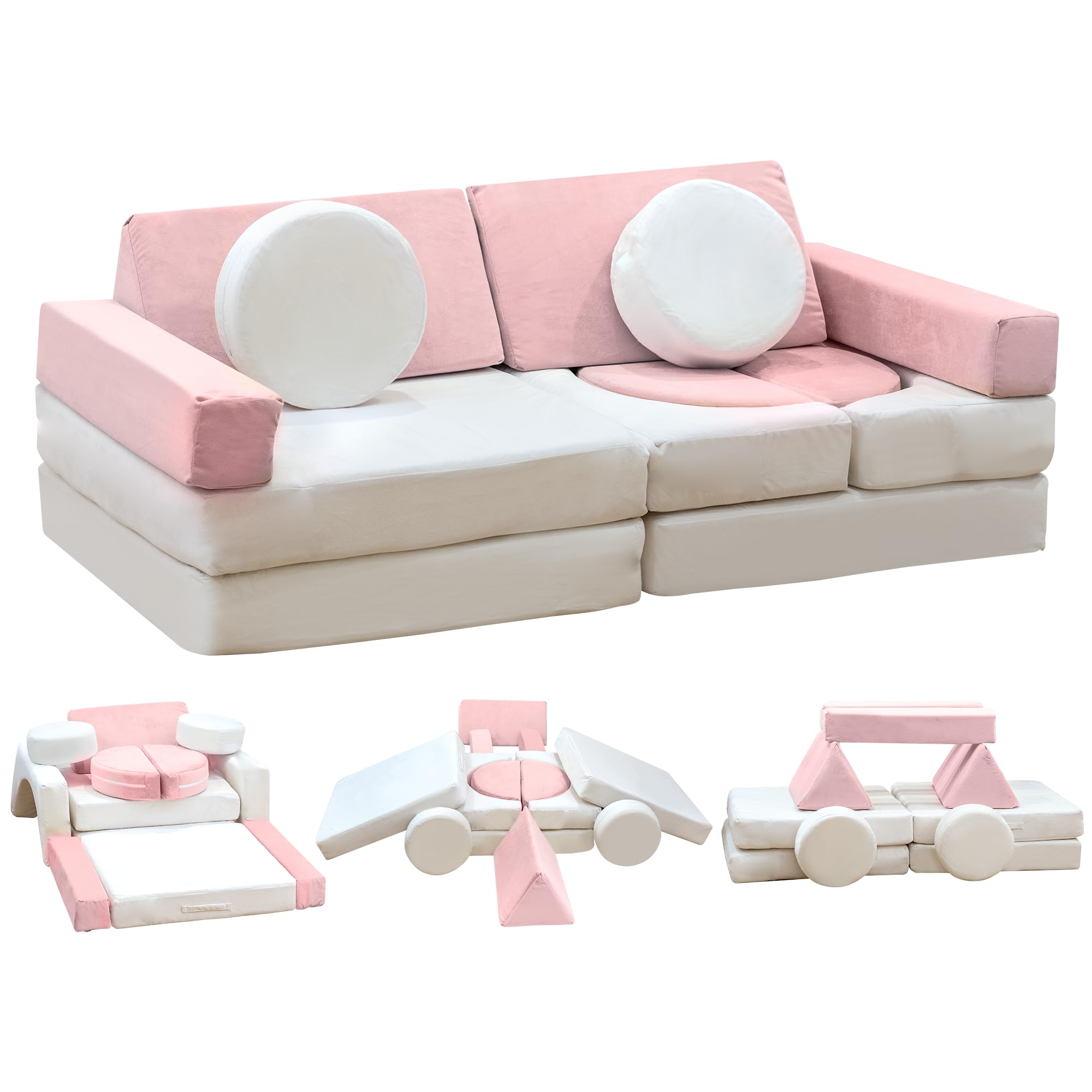 Stmoze 13PCS Modular Kids Play Couch, Kids Couch with Washable Velvet Cover, Modular Couch for Boys and Girls, Convertible Foam and Floor Cushion for Nursery Playroom, Pink & Beige