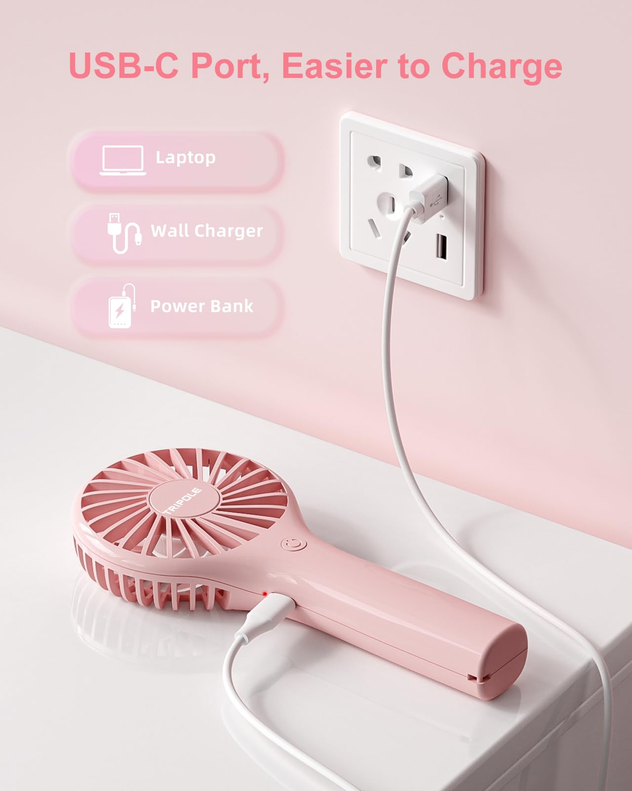 TriPole Portable Fan Handheld Fan Mini Personal Fan 3 Speeds, Powerful Little Battery Hand Held Fan for Travel Trip Outdoor Concerts, Cute Small Rechargeable Lash Fan for Makeup Skincare Drying, Pink