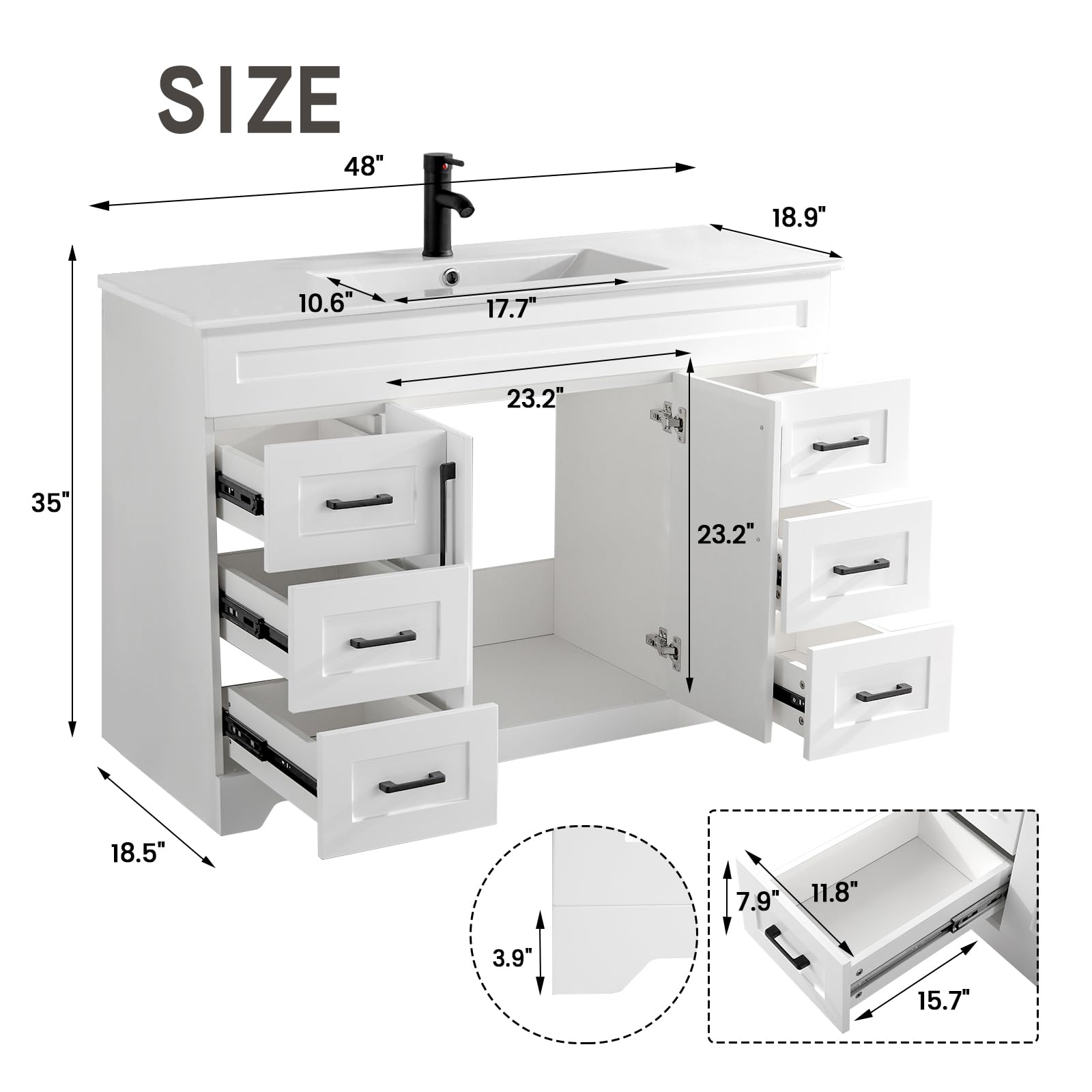 BUPWHEK 48” Luxurious Bathroom Vanity with Ceramic Sink Combo, White Bathroom Cabinet with 2 Soft Closing Doors & 6 Full Extension Drawers, Modern Bathroom Storage Cabinet