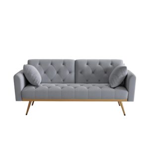 68.3" grey velvet couch, tufted loveseat sofa, convertible futon sofa bed, accent sofa recliner, golden metal legs, 2 couch pillows, mid century modern sofas for home living room bedroom