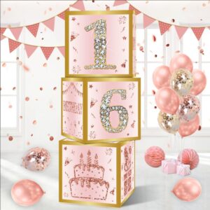 sweet 16 birthday party decorations boxes for girls - 3pcs pink rose gold happy 16th birthday balloons boxes ,sixteen year old party supplies for girls