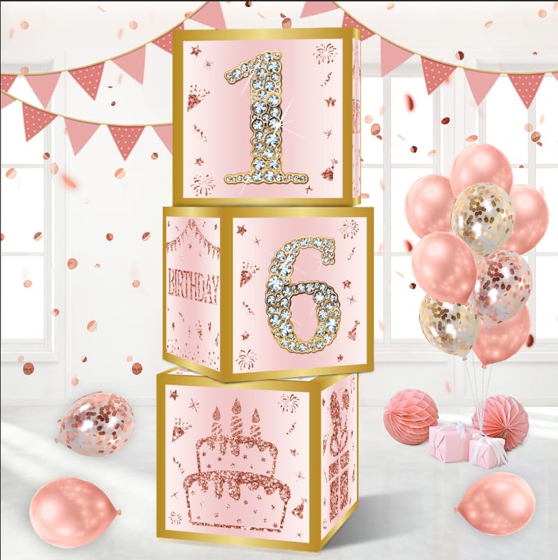 Sweet 16 Birthday Party Decorations Boxes for Girls - 3PCS Pink Rose Gold Happy 16th Birthday Balloons Boxes ,Sixteen Year Old Party Supplies for Girls