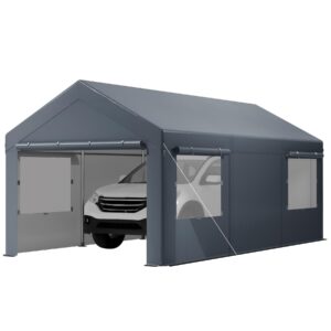 garveelife 10x20ft heavy duty carport, portable garage with sidewalls, doors and ventilated windows, uv resistant and waterproof, carports 10x20 heavy duty for car, bike, boat, party (gray)