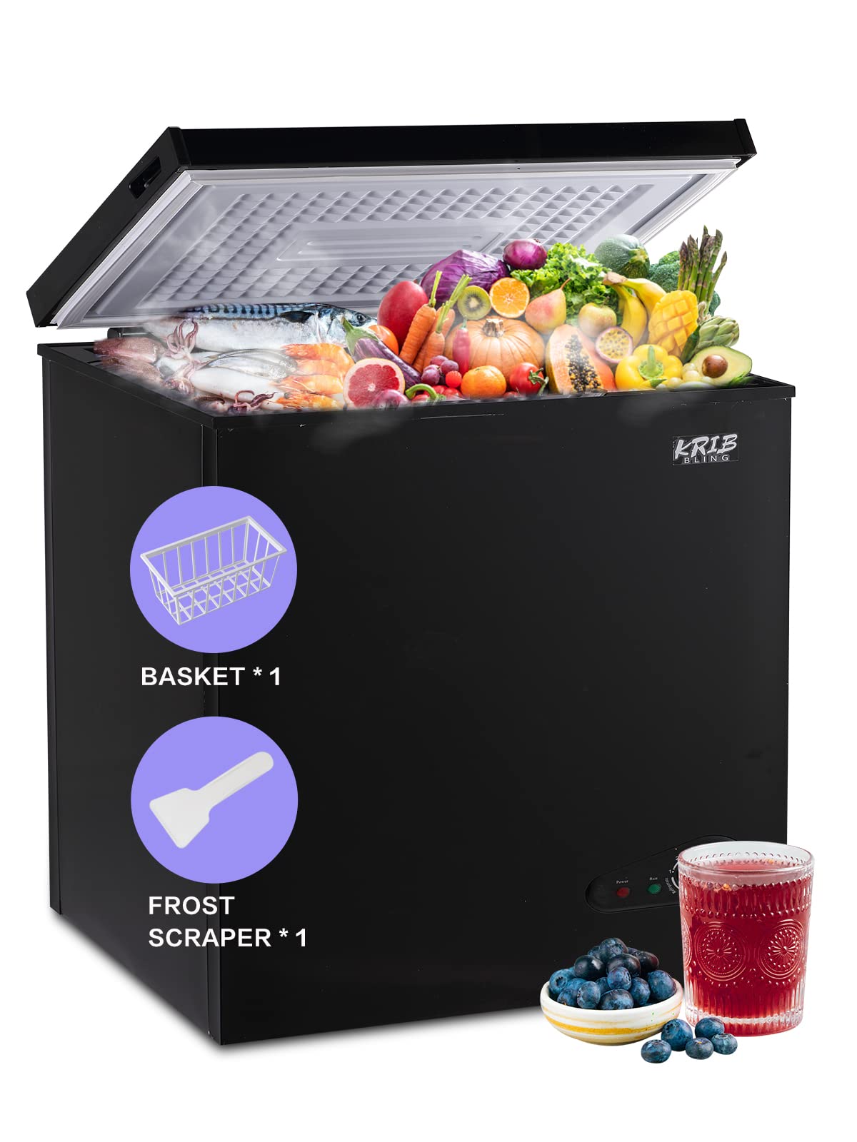 Krib Bling 7.0 Cu.Ft Chest Freezer Two Removable Basket, Deep Compact Freezer with 7 Gears Temperature Control(-4°F to 6.8°F), for House, Kitchen, Garage, Basement, Shop, Black