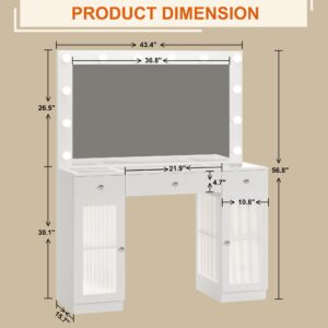 IFSEB Vanity Desk with Mirror and Lights, Glass Top Vanity with Lights & Power Outlet, Makeup Vanity Desk with Lights, White Vanity Table with 3 Color Lighting Modes, Dressing Table for Women, Girls