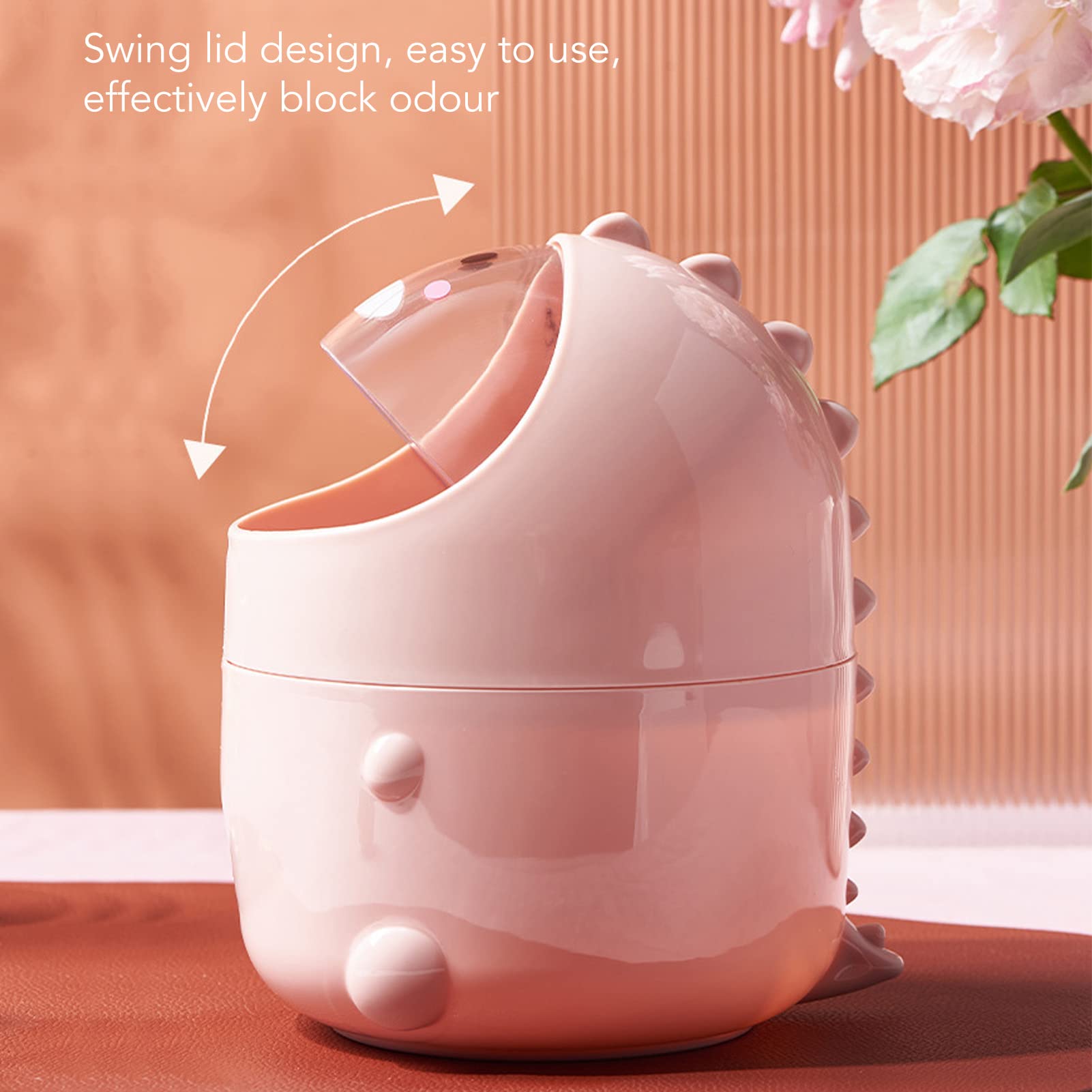 Aladeno Mini Desktop Trash Can Wastebaskets Cute Dinosaur Style Large Mouth Detachable Design Nonslip Bottom Plastic Mini Trash Can (Pink Baby Dinosaur)