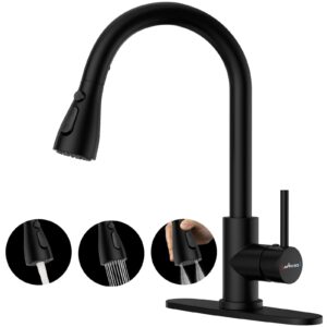 appaso black kitchen faucet with pull down sprayer, 3-mode sprayer kitchen sink faucet, 1 or 3-hole single handle high arc stainless steel kitchen faucet black with deck plate, matte black