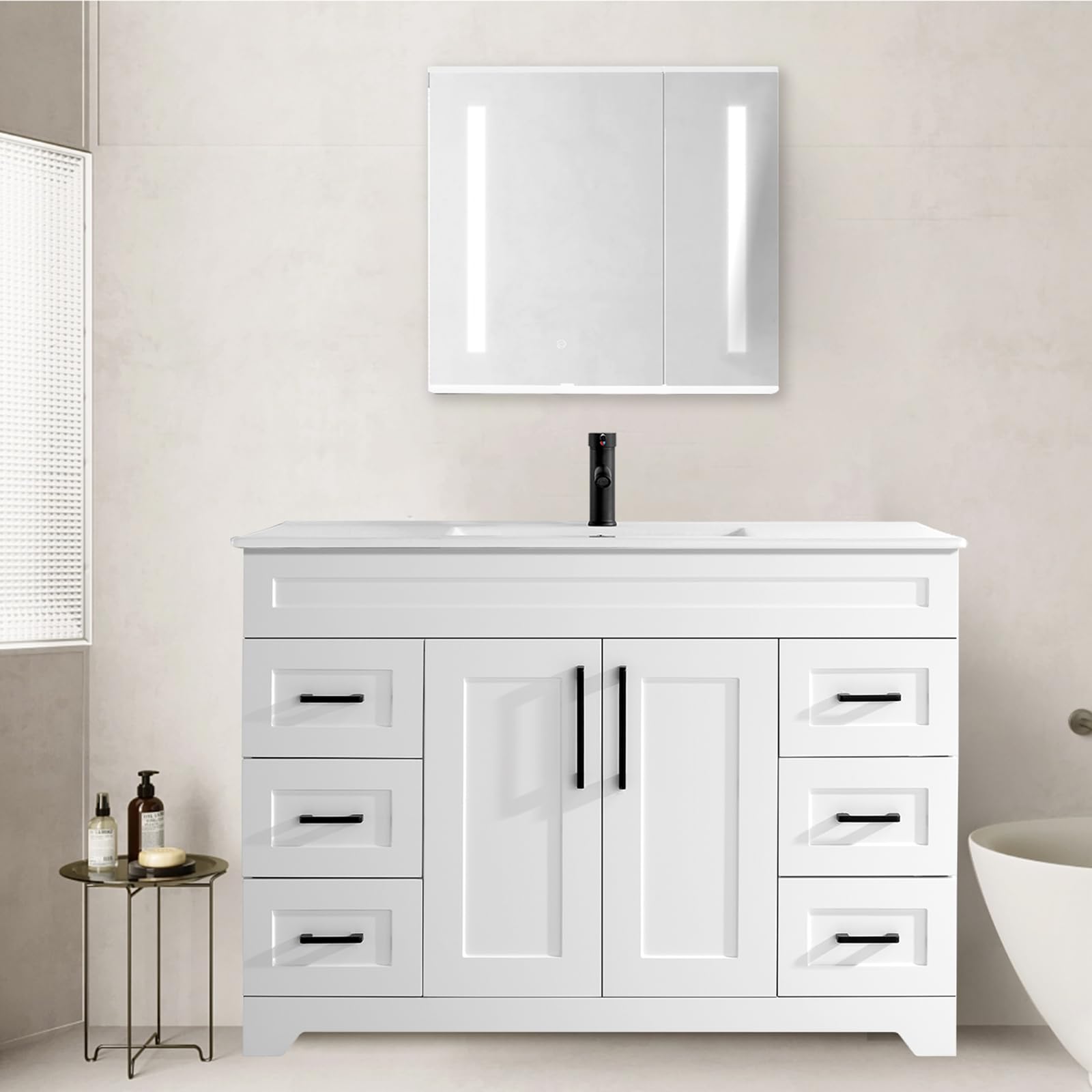 BUPWHEK 48” Luxurious Bathroom Vanity with Ceramic Sink Combo, White Bathroom Cabinet with 2 Soft Closing Doors & 6 Full Extension Drawers, Modern Bathroom Storage Cabinet