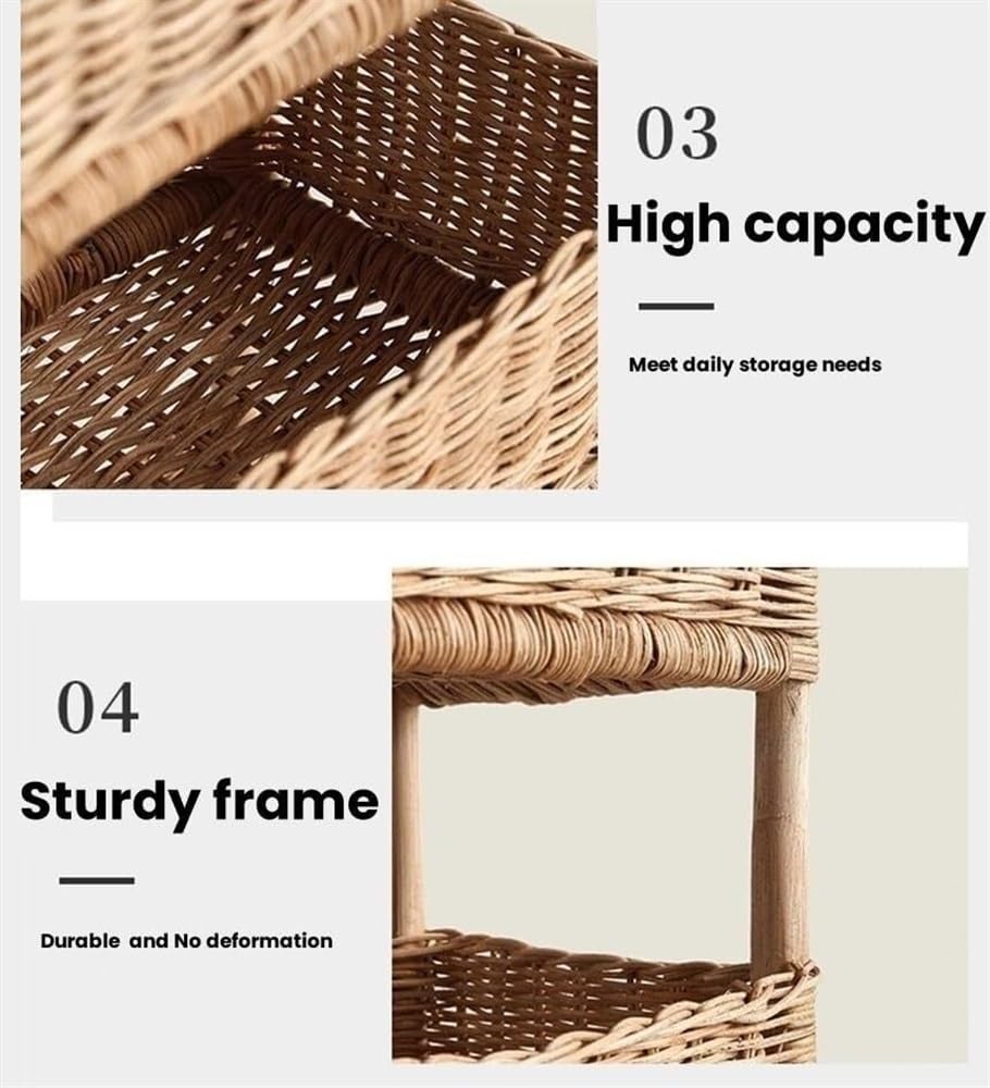 WKSPOO 3-Tier Rattan Storage Rack, Hand-Woven Storage Rack, Vertical Tiered Basket for Living Room, Bedroom, Kitchen, Bathroom(Brown,11.8X7.9X23.6in)