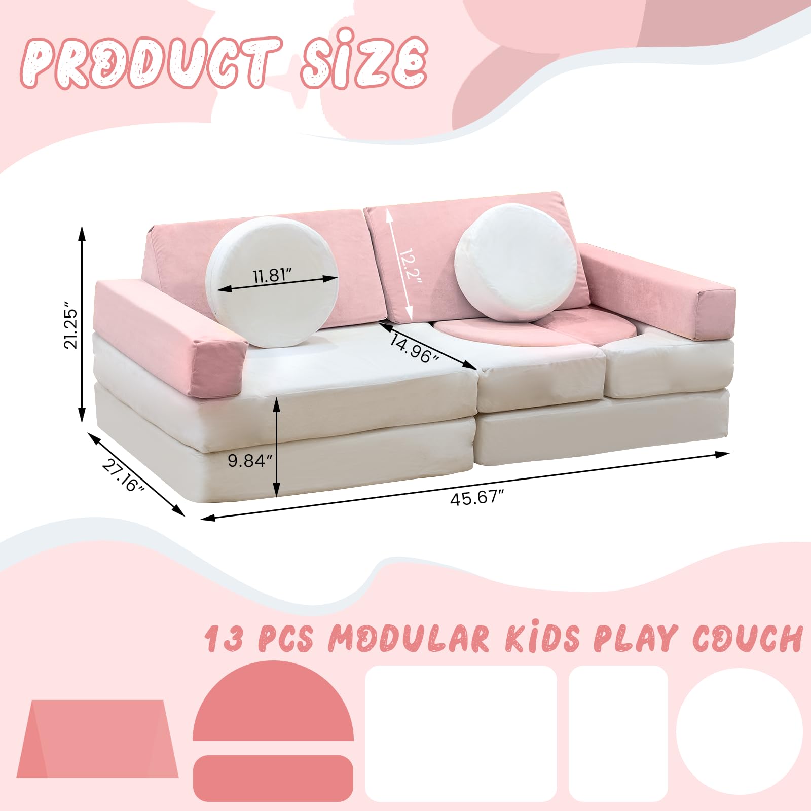 Stmoze 13PCS Modular Kids Play Couch, Kids Couch with Washable Velvet Cover, Modular Couch for Boys and Girls, Convertible Foam and Floor Cushion for Nursery Playroom, Pink & Beige